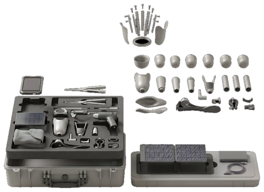 The same kit exploded into its individual components floating above the case.