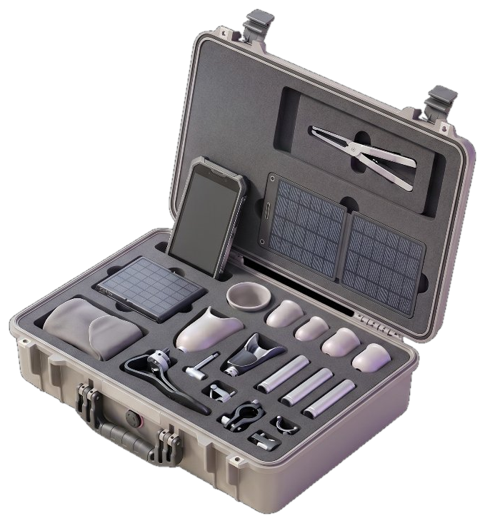 The Qadam fitting case, open — a ruggedized hard case with foam-cut inserts holding a phone, solar panel, hand tools, socket formers and modular limb parts.