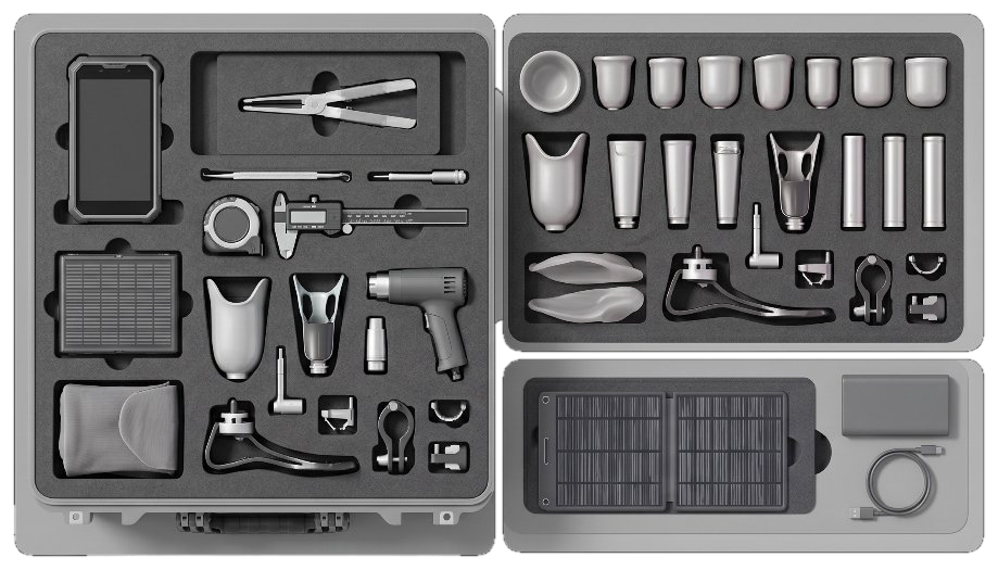The open case laid flat, every tool and part seated in its foam cutout.