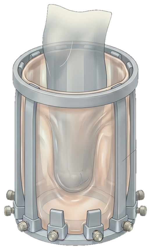 The Qadam reconfigurable socket mold-former: a cage of flexible staves around a residual-limb model, with a reconfigurable rim and hand-set adjustment screws around the base.