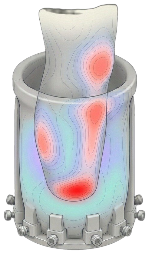 Thermal pressure map of the Qadam reconfigurable socket-former fitting a residual limb, showing staves, socket wall, and pressure hot-spots.
