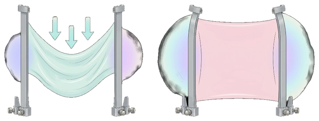 Two-panel comparison: on the left a membrane sags between two stave posts under vacuum pull; on the right the membrane is taut and even using drape-and-wrap compression.